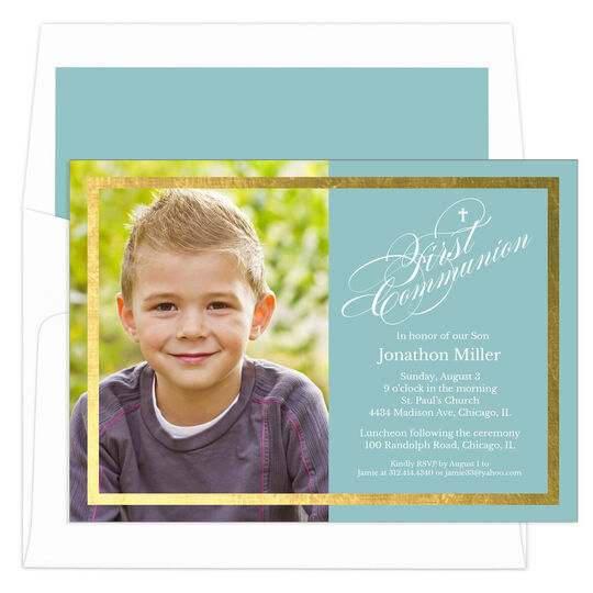 Aqua Gold Foil Frame Photo Communion Invitations